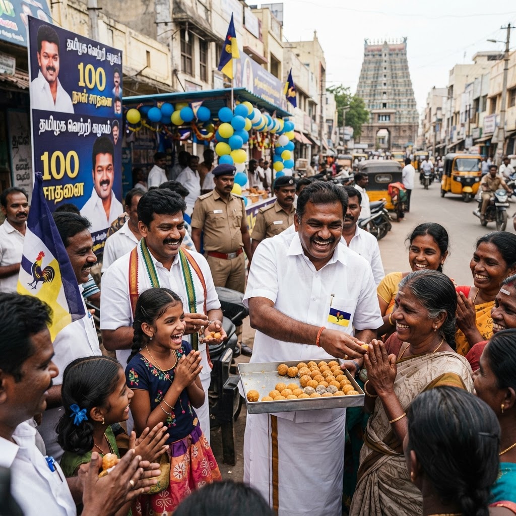 தவெக அரசு பொறுப்பேற்று 100 நாட்கள் நிறைவு: மதுரையில் நிர்வாகிகள் உற்சாக கொண்டாட்டம்