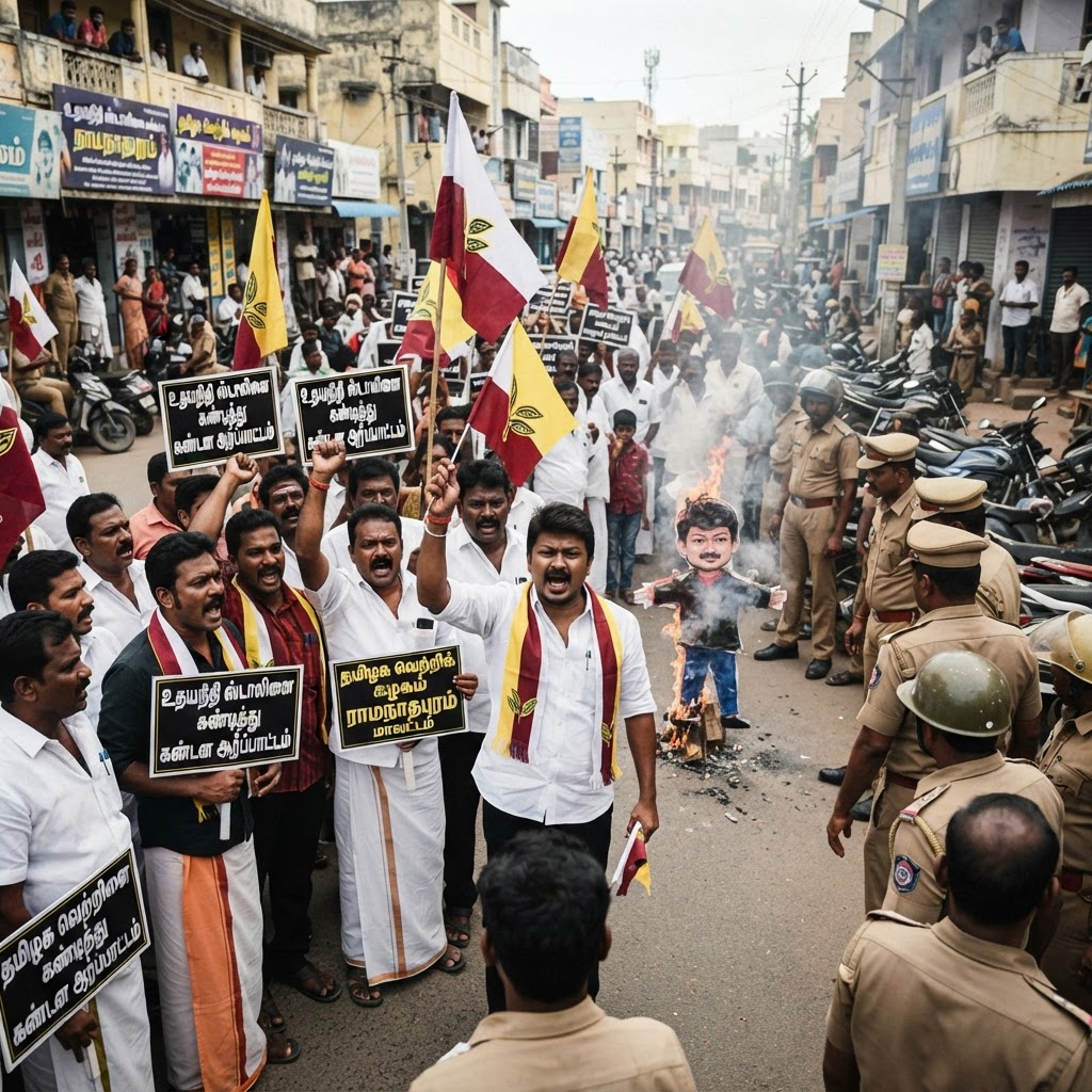 ராமநாதபுரத்தில் தமிழக வெற்றிக் கழகத்தினர் போராட்டம்
