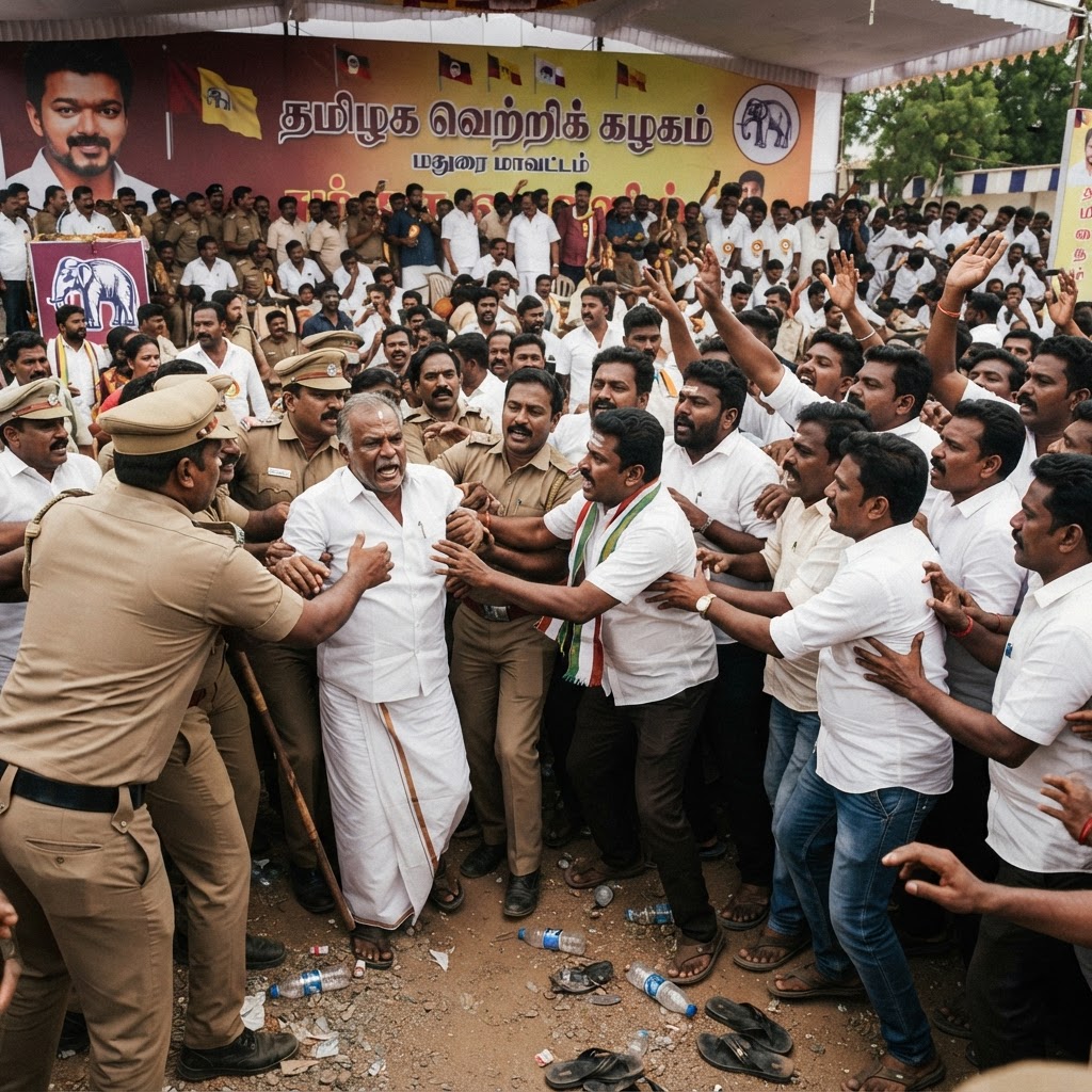மதுரை தவெக நலத்திட்ட விழாவில் தள்ளுமுள்ளு - மூதாட்டி மயங்கியதால் பரபரப்பு