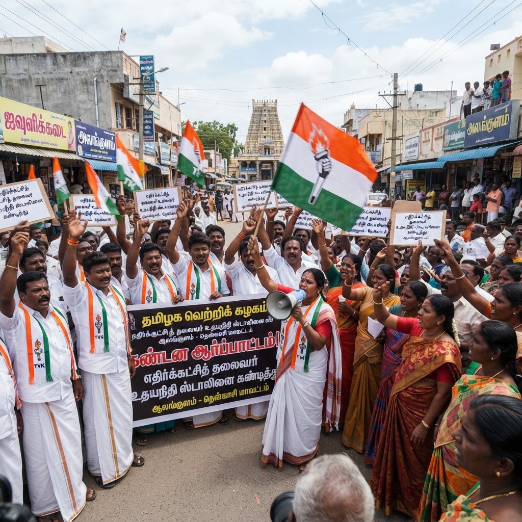 ஆலங்குளத்தில் உதயநிதி ஸ்டாலினுக்கு எதிராக த.வெ.க. சார்பில் கண்டன ஆர்ப்பாட்டம்
