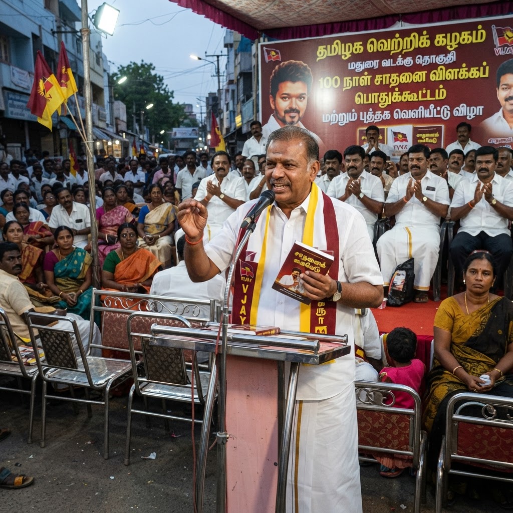 மதுரை வடக்கு தொகுதியில் தவெக 100 நாள் சாதனை விளக்கப் பொதுக்கூட்டம் நடைபெற்றது