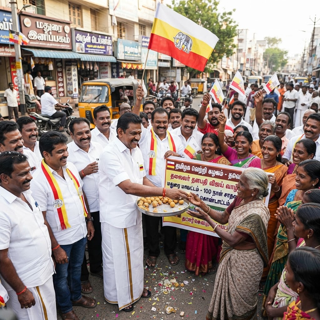 தமிழக வெற்றிக் கழக அரசு 100 நாள் சாதனை: மதுரையில் நிர்வாகிகள் உற்சாக கொண்டாட்டம்