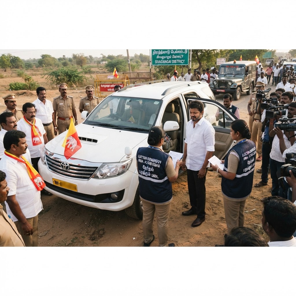 சிவகங்கை மாவட்ட எல்லையில் விஜயின் வாகனத்தில் தேர்தல் பறக்கும் படை சோதனை