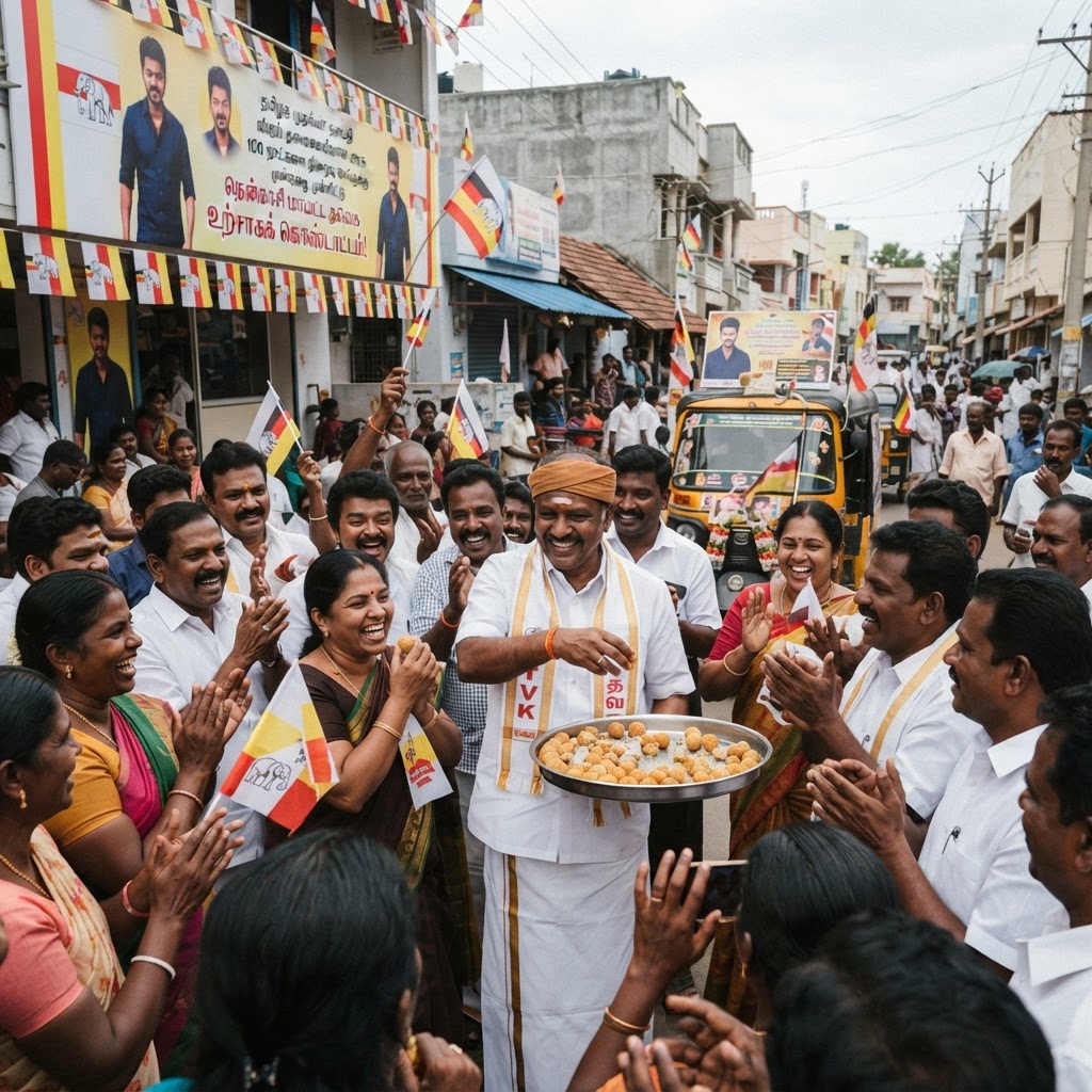 தவெக அரசின் 100 நாள் சாதனை: தென்காசி புதிய பேருந்து நிலையத்தில் கட்சியினர் உற்சாகக் கொண்டாட்டம்!