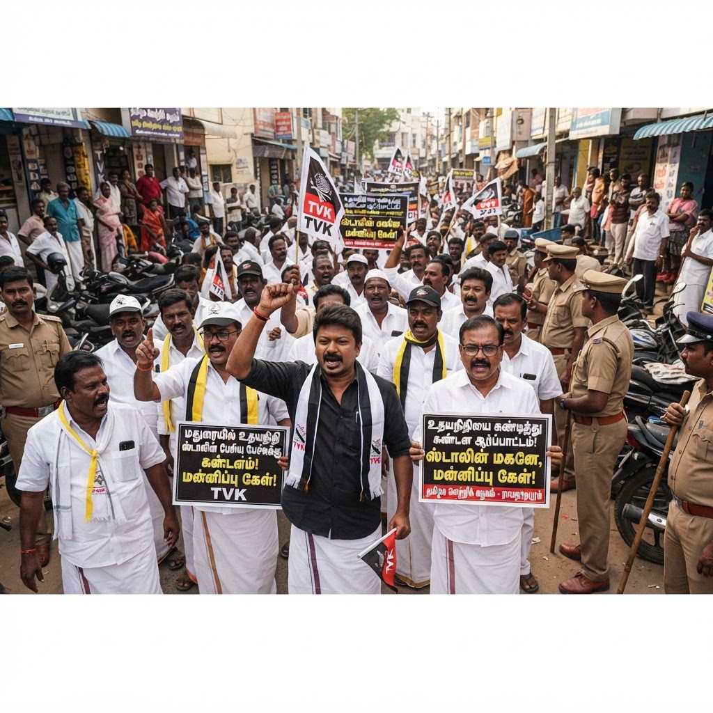 ராமநாதபுரத்தில் உதயநிதி ஸ்டாலினின் கருத்துக்கு எதிர்ப்பு தெரிவித்து தவெகவினர் போராட்டம்