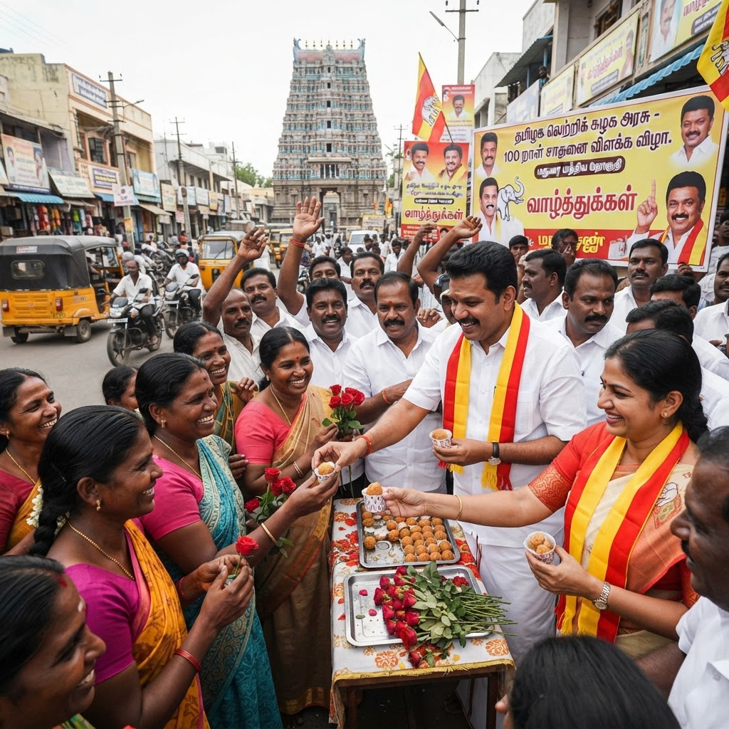 தமிழக வெற்றி கழக அரசு 100 நாள்: இனிப்பு, ரோஜாப்பூ வழங்கி கொண்டாடிய மதுரை தவெக தொண்டர்கள் !