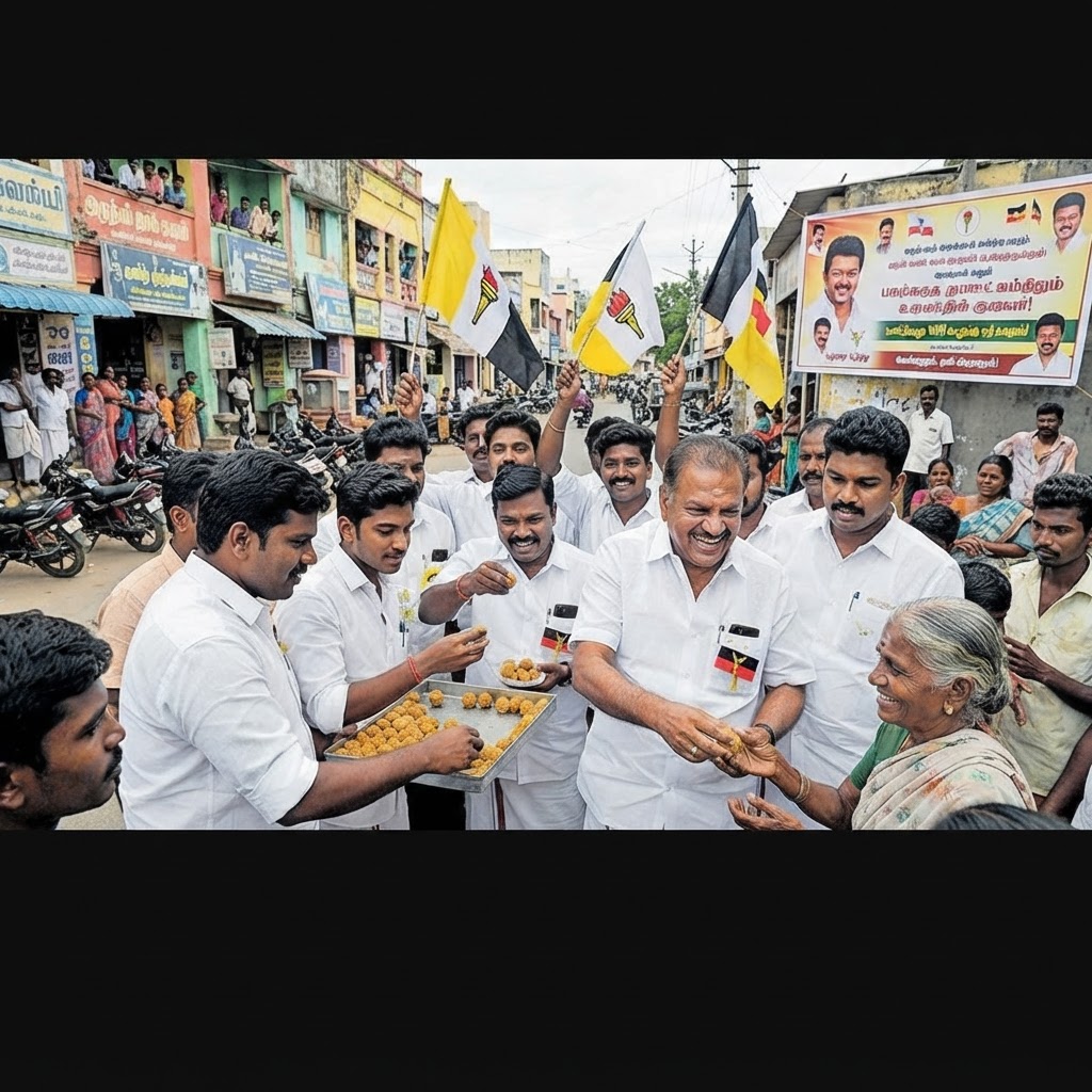 உதயநிதி ஸ்டாலின் கைது: தென்காசியில் இனிப்புகள் வழங்கி த.வெ.க.வினர் கொண்டாட்டம்