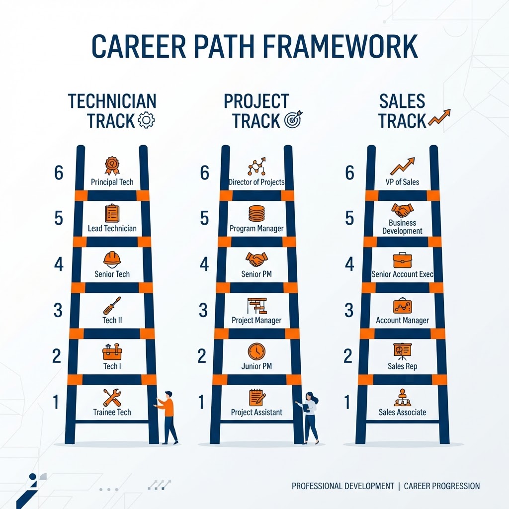 Career-path illustration showing three growth tracks side by side — technician, project, and sales — each with ascending steps that represent advancement and promotion from within
