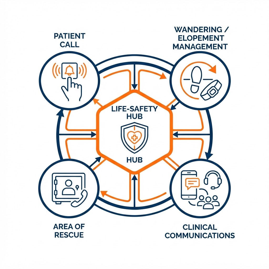 Healthcare life-safety relationship graphic connecting four generic capability nodes — patient call, wandering and elopement management, clinical communications, and area of rescue — around a central life-safety hub that coordinates their notifications