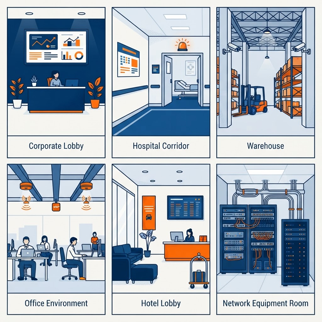 Representative technology project mosaic showing generic environments — a corporate lobby video wall, a hospital corridor with a nurse-call dome light, a warehouse with security cameras, an office with wireless access points, a hotel lobby with digital signage, and a network equipment room