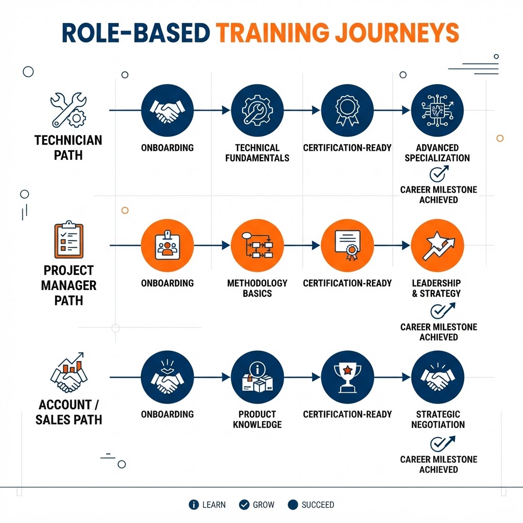 Role-based training journey showing three parallel learning paths — technician, project manager, and account or sales — each progressing through onboarding, fundamentals, certification-ready, and advanced milestones