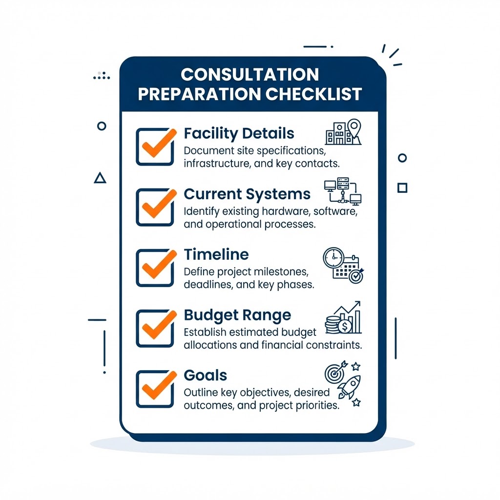Consultation preparation checklist graphic listing facility details, current systems, timeline, budget range, and goals to have ready before a Nexus consultation
