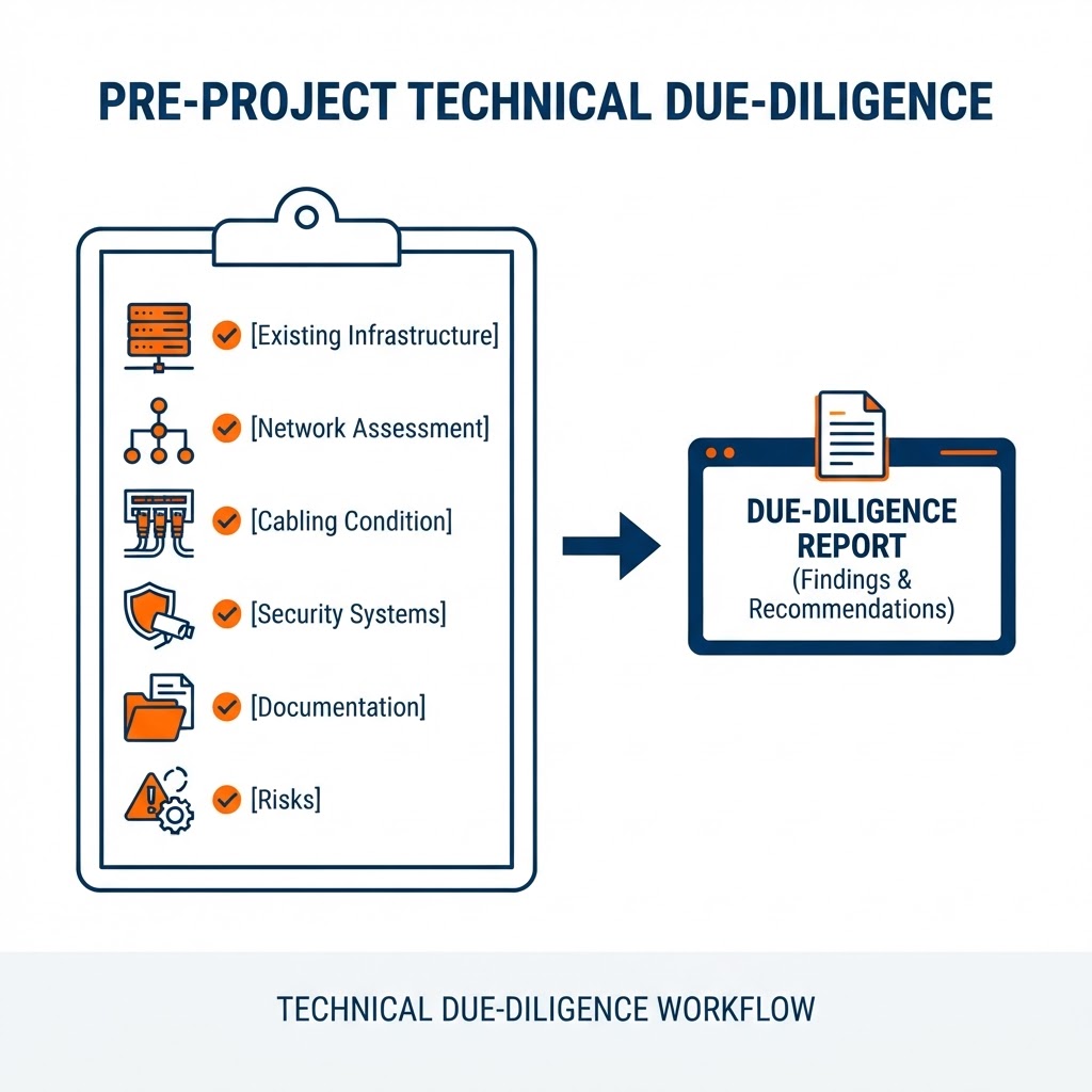 Pre-project technical due-diligence evidence checklist showing a clipboard listing neutral due-diligence categories — existing infrastructure, network assessment, cabling condition, security systems, documentation, and risks — with checkmark bullets leading to a due-diligence report