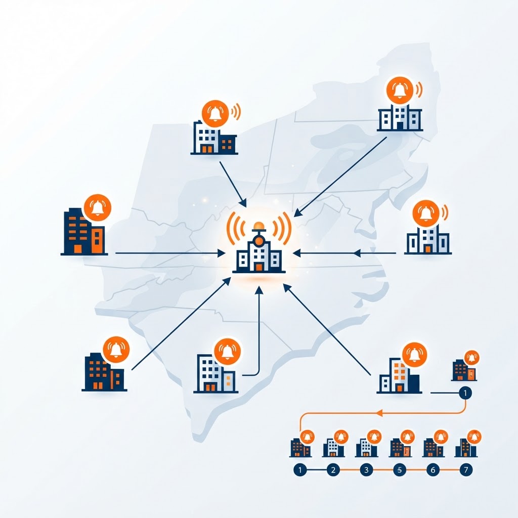 Multi-site wireless nurse-call rollout map and sequence showing a stylized regional map with seven senior-living property markers connected to a central deployment hub, each marked with a wireless call icon, alongside a site-by-site rollout sequence