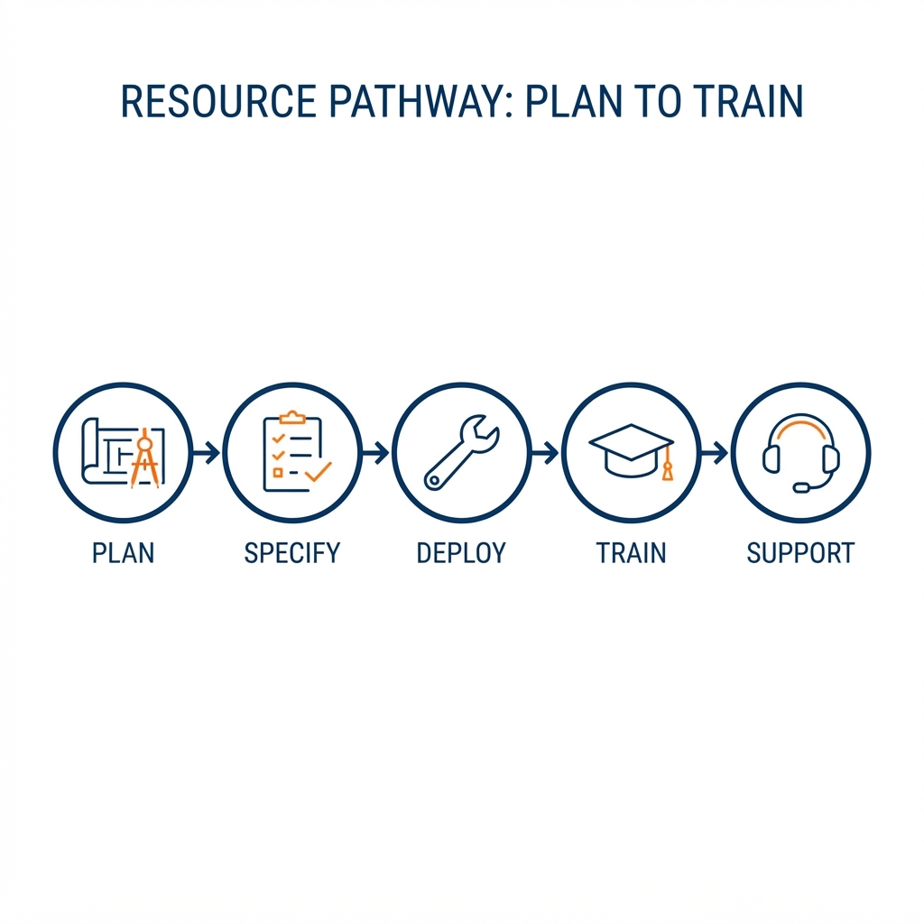 Resource pathway from planning to training shown as a horizontal step timeline — plan, specify, deploy, train, and support — each stage a node with a simple line icon for blueprint, checklist, installation, training, and support
