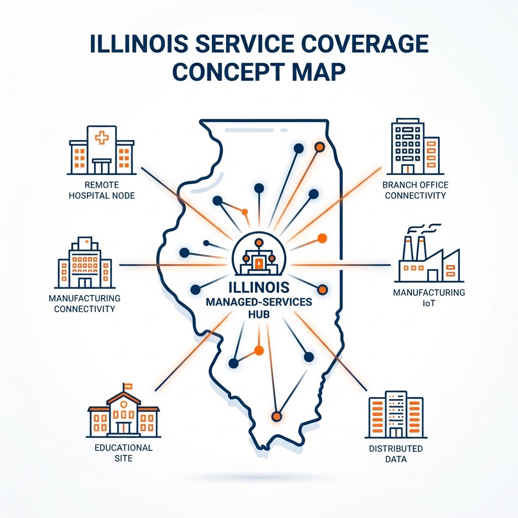 Conceptual Illinois service coverage illustration connecting healthcare, commercial, and manufacturing facilities to a managed technology provider