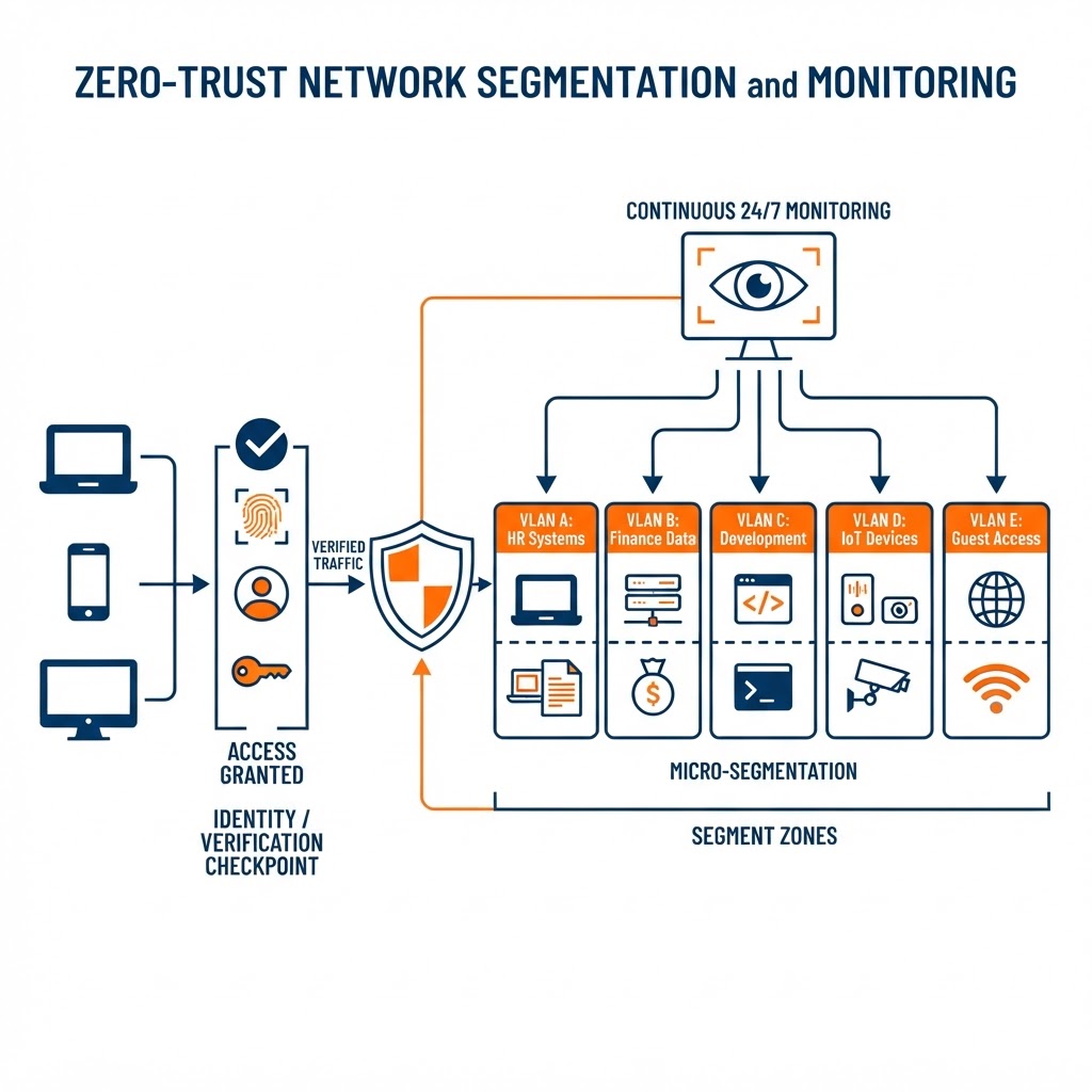 Zero-trust network segmentation and monitoring workflow showing users and devices passing through an identity verification checkpoint into isolated VLAN segment zones behind a firewall, with a continuous 24/7 monitoring node overseeing every segment