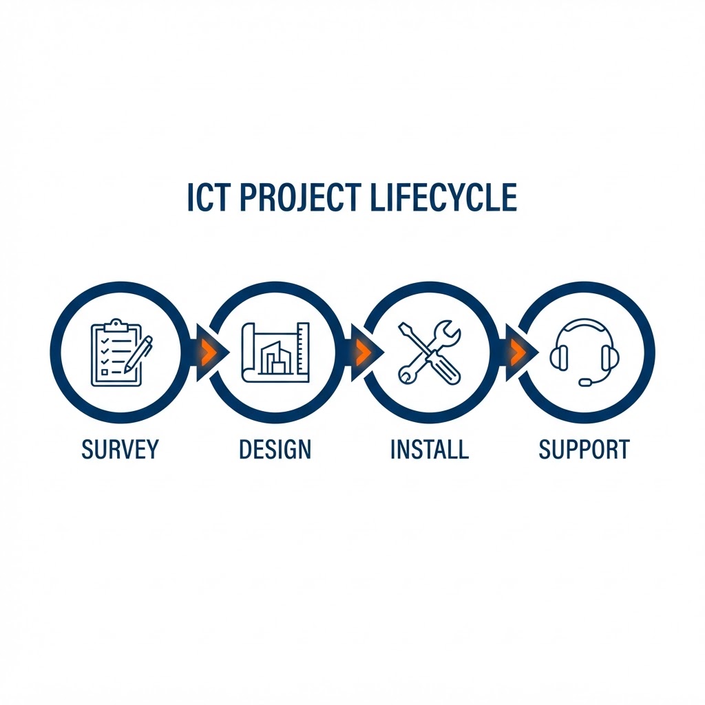 ICT project lifecycle shown as a horizontal step flow — survey, design, install, support — each a node with a simple line icon for site survey, design blueprint, installation, and support, joined by directional arrows