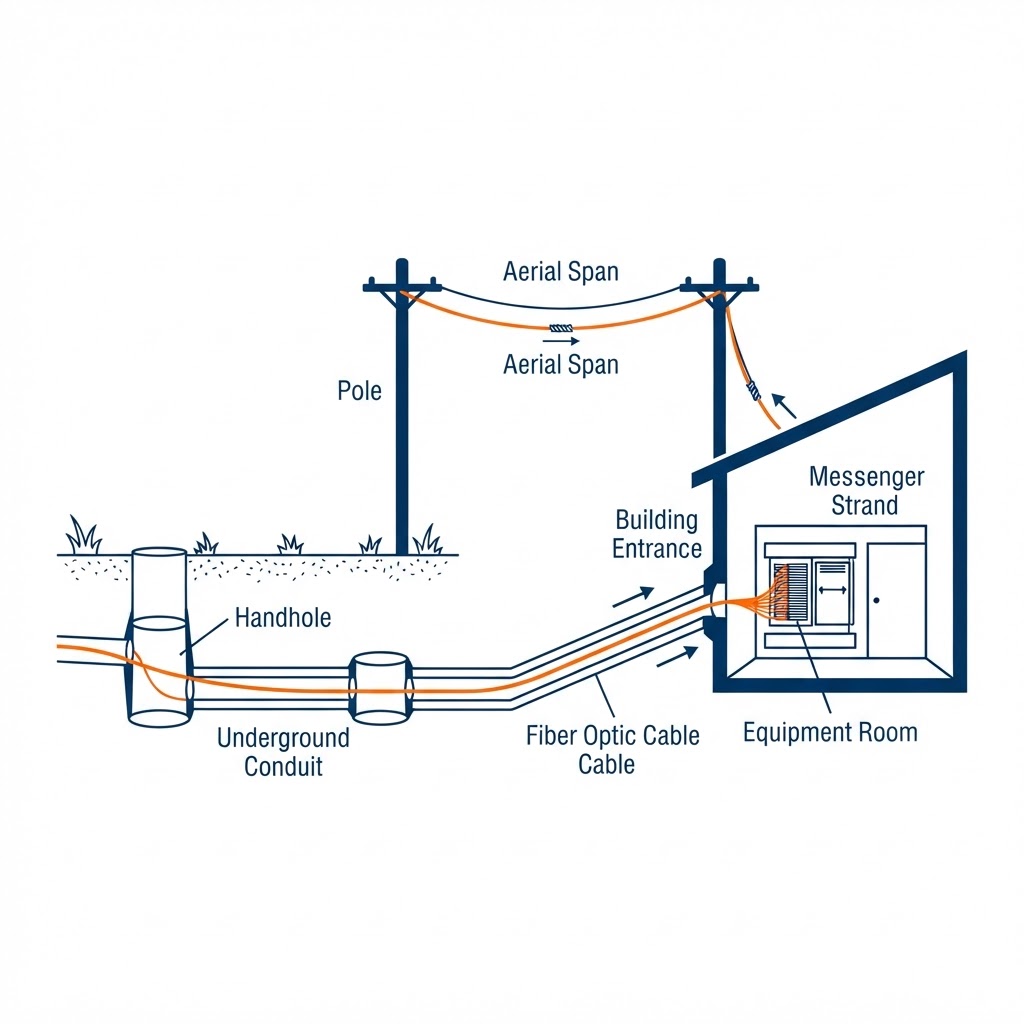Outside-plant fiber pathway cross-section showing both underground and aerial routes — buried conduit and handholes running below grade on one side, aerial fiber strung between utility poles on a messenger strand on the other, both converging into a building entrance and equipment room