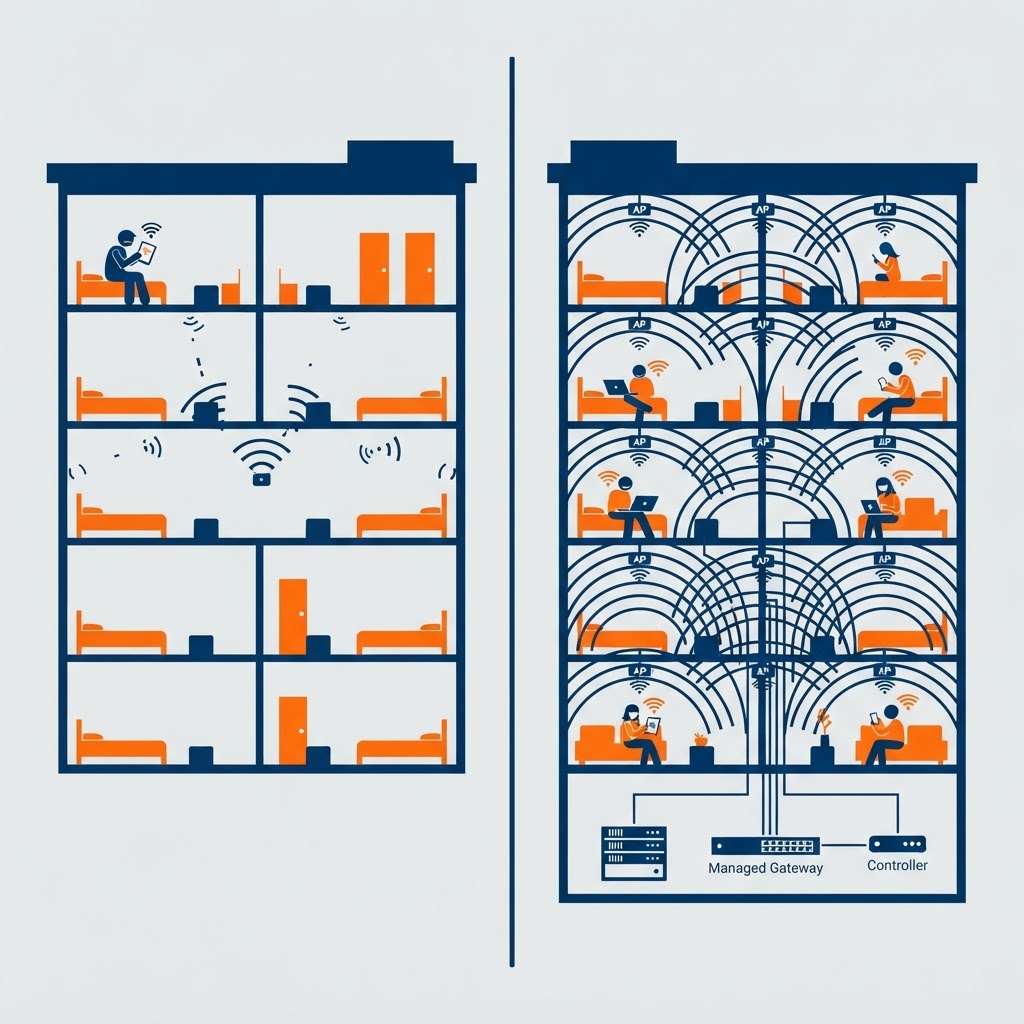 Guest Wi-Fi architecture before and after graphic — left side shows the hotel with sparse, patchy wireless coverage and a weak guest signal; right side shows dense, even high-density access point coverage with strong signal throughout, connected to a managed gateway and controller
