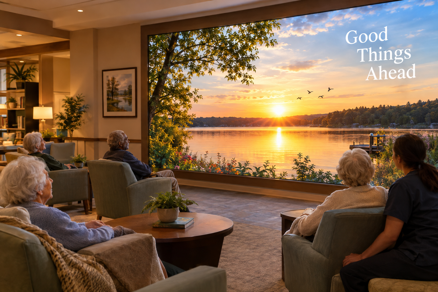 Concept of a senior living lounge with residents enjoying a lake sunset on a video wall
