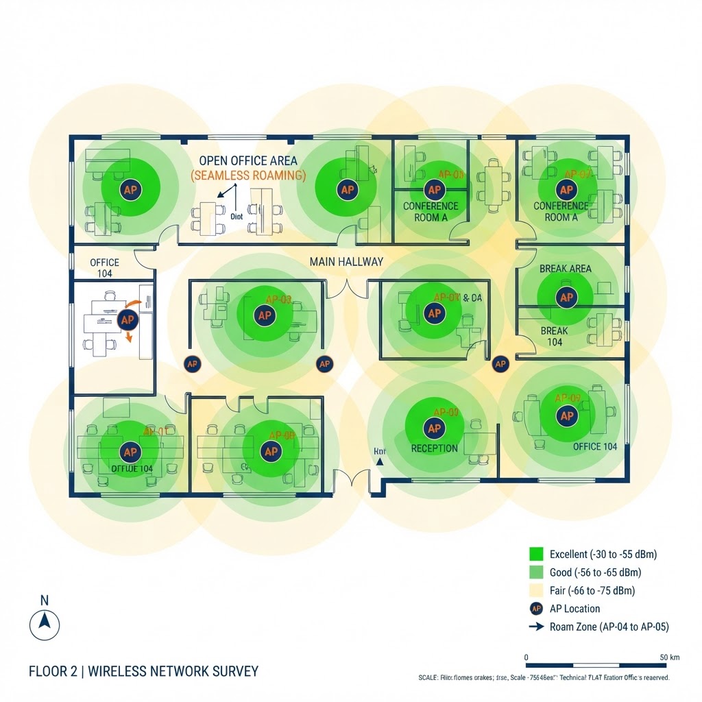 Annotated Wi-Fi coverage floor-plan graphic showing ceiling access points with overlapping circular coverage heatmap zones providing seamless roaming across a building floor