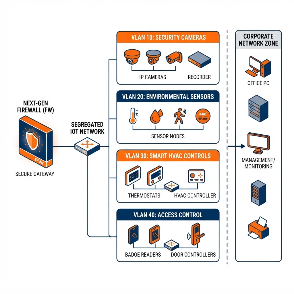 Secure IoT network segmentation diagram showing cameras, sensors, thermostats, and badge readers grouped into isolated VLAN zones behind a firewall separated from the corporate network