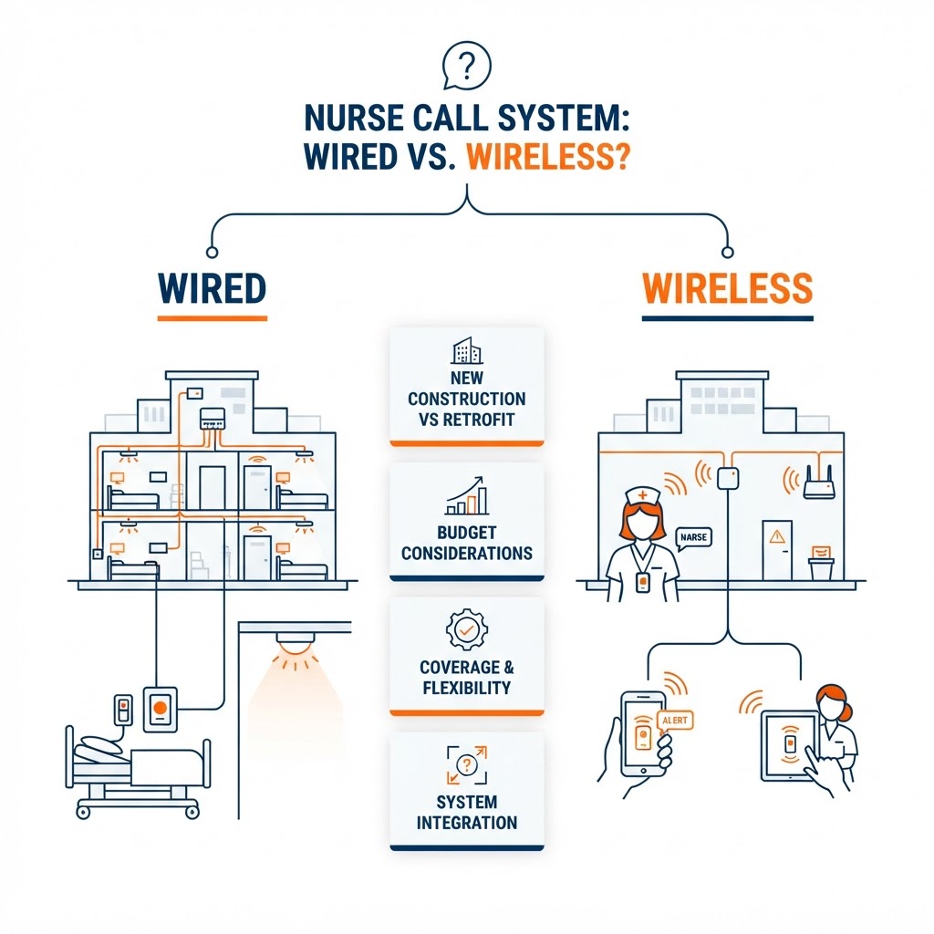 Wired-versus-wireless nurse call facility-fit decision graphic branching from a top question into two balanced paths — a wired path with structured cabling, bedside stations, and corridor dome lights, and a wireless path with pendants, gateways, and mobile alerts — separated by neutral facility-fit criteria such as new construction versus retrofit, budget, coverage flexibility, and integration
