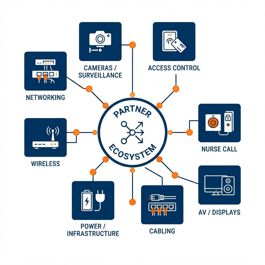 Nexus partner ecosystem category map with a central hub surrounded by generic category tiles: networking, cameras and surveillance, access control, nurse call, wireless, power and infrastructure, AV and displays, and cabling