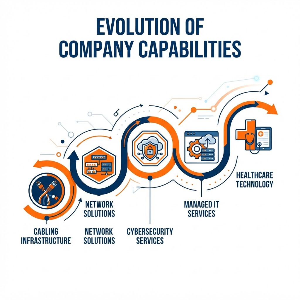 Company capability-evolution illustration showing a winding growth path with milestone markers representing expanding capability breadth — from cabling to networking to security to managed services to healthcare — with no specific years or dates shown