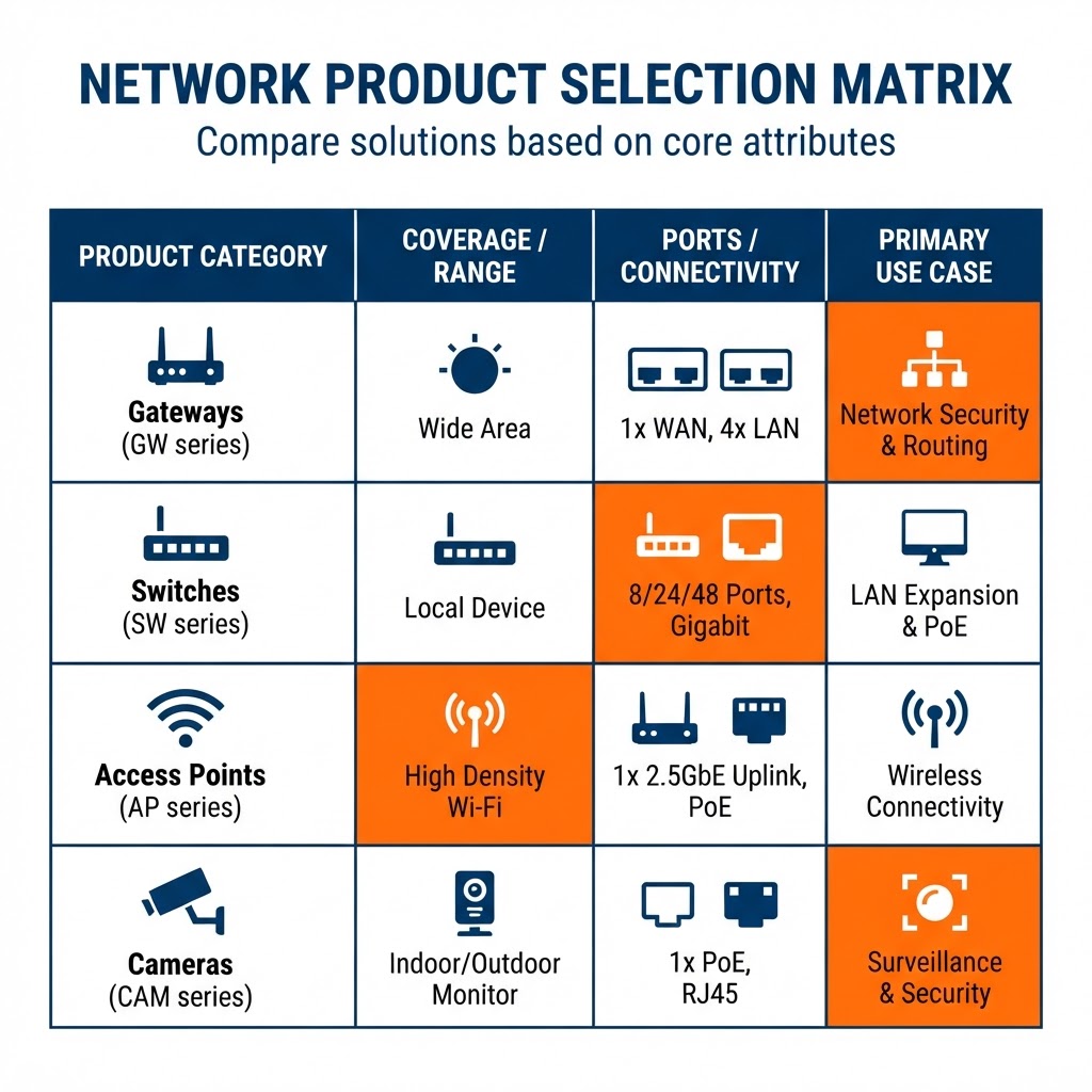 UniFi product selection matrix graphic comparing gateways, switches, access points, and cameras across coverage, ports, and use-case attributes