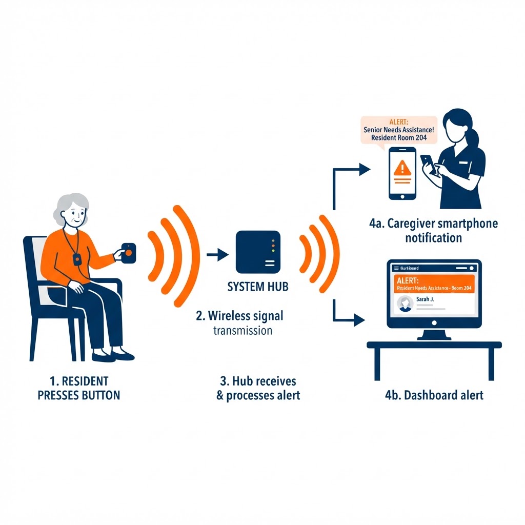 Wireless call-to-caregiver workflow graphic showing a senior resident pressing a wireless pendant, the signal traveling to a system hub, then a push notification reaching a caregiver's smartphone and dashboard