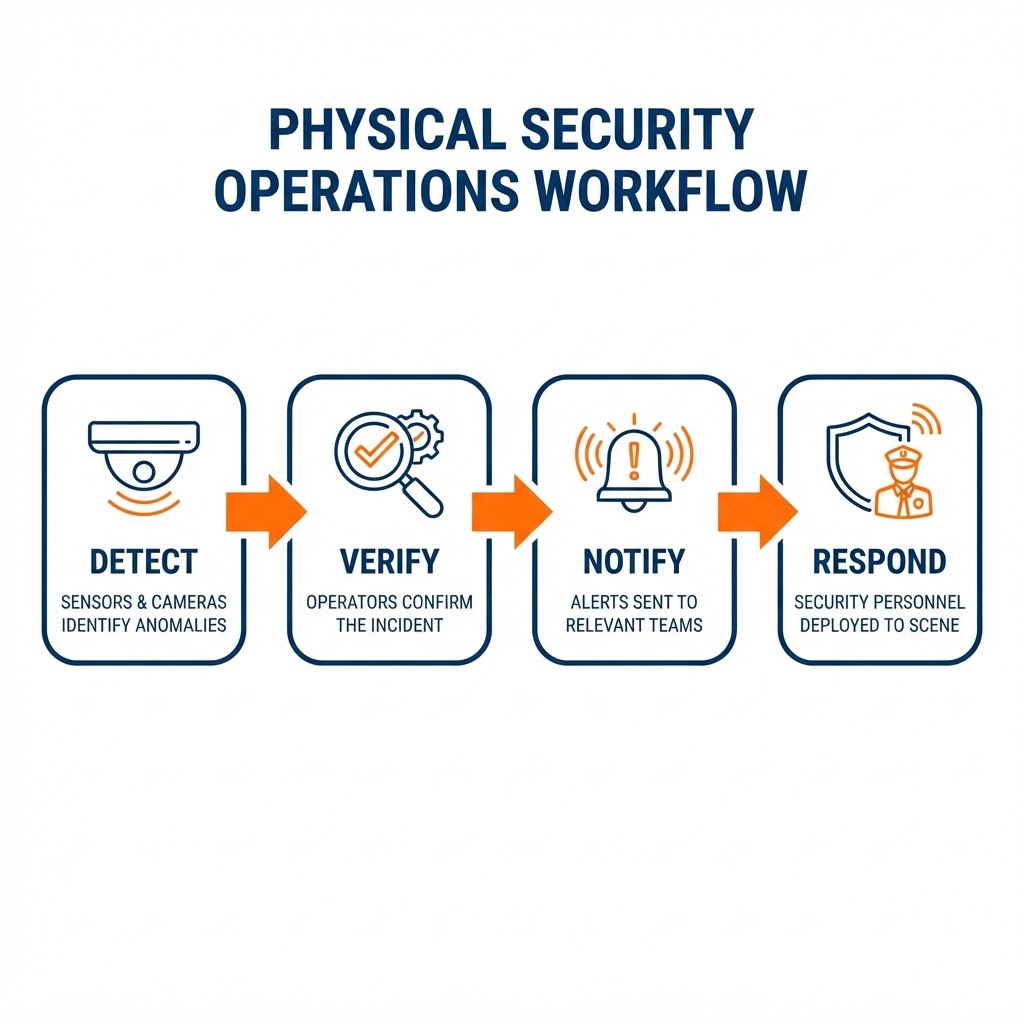 Physical security workflow shown as a left-to-right flow of four connected stages — detect, verify, notify, respond — each a node with a simple line icon for sensor or camera, verification, alert, and responder