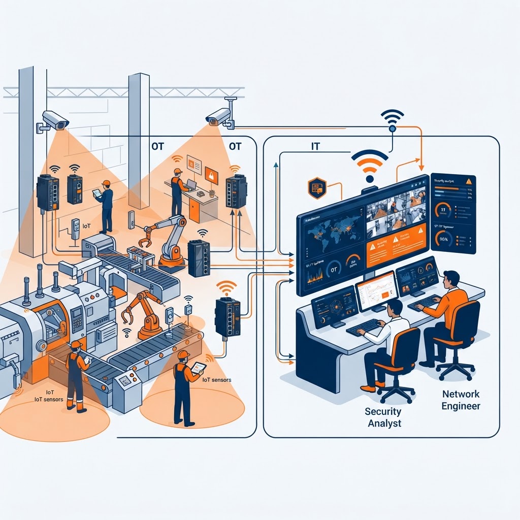 Manufacturing plant network and security operations scene showing an industrial factory floor with IoT sensors, ruggedized industrial network switches, IP surveillance cameras, OT/IT network segmentation, and a central monitoring dashboard