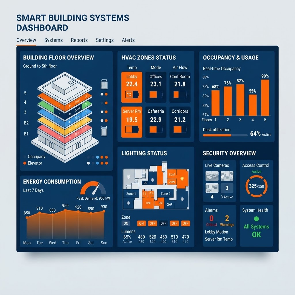 Smart building systems dashboard infographic showing building floors, energy usage graphs, HVAC zones, lighting status, occupancy, and security tiles