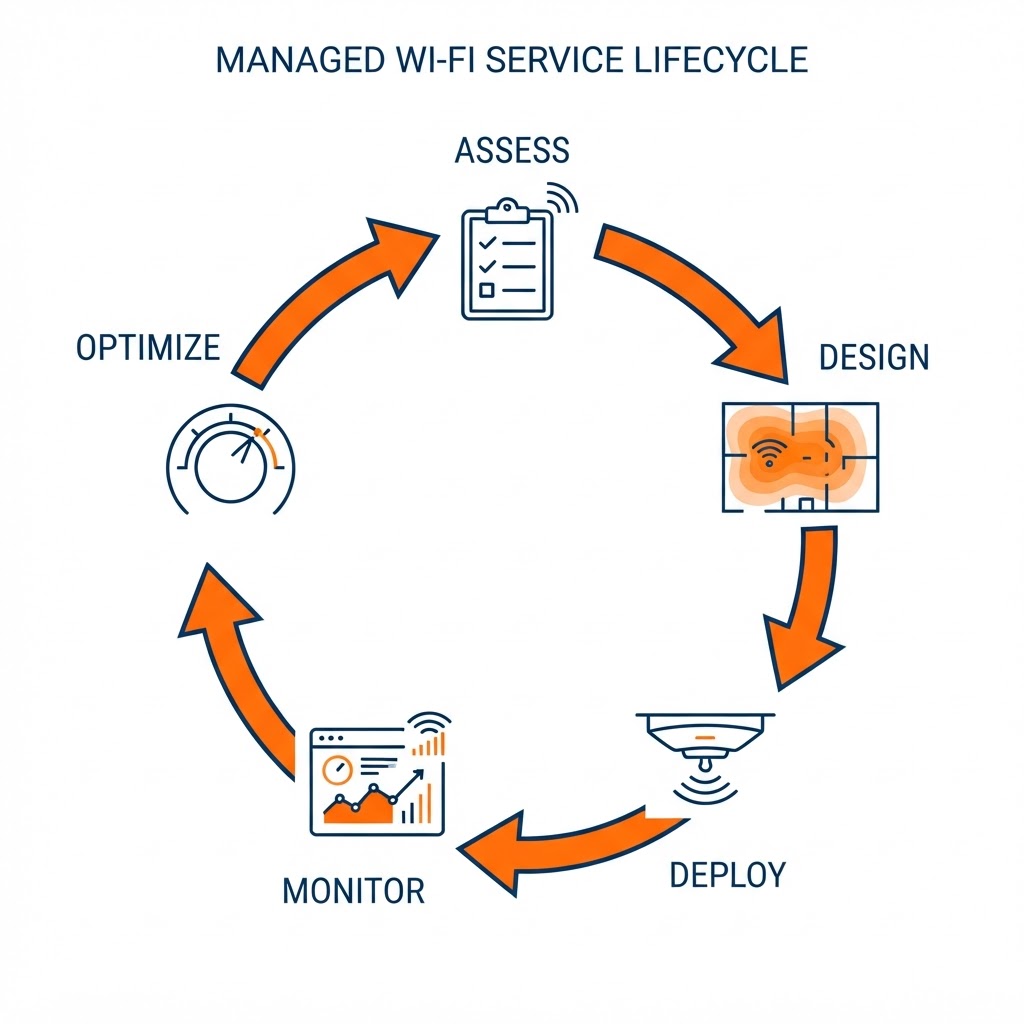 Managed Wi-Fi service lifecycle shown as a continuous looping flow of connected stages — assess, design, deploy, monitor, and optimize — each with a simple icon for site survey, coverage design, access point deployment, monitoring dashboard, and performance tuning