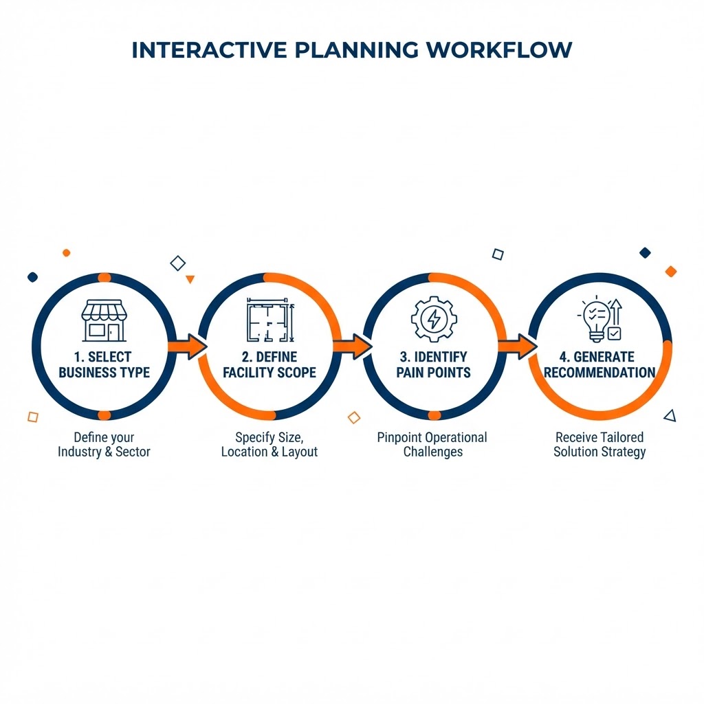 UniFi360 interactive planning workflow illustration showing steps to select business type, define facility scope, identify pain points, and generate a recommendation