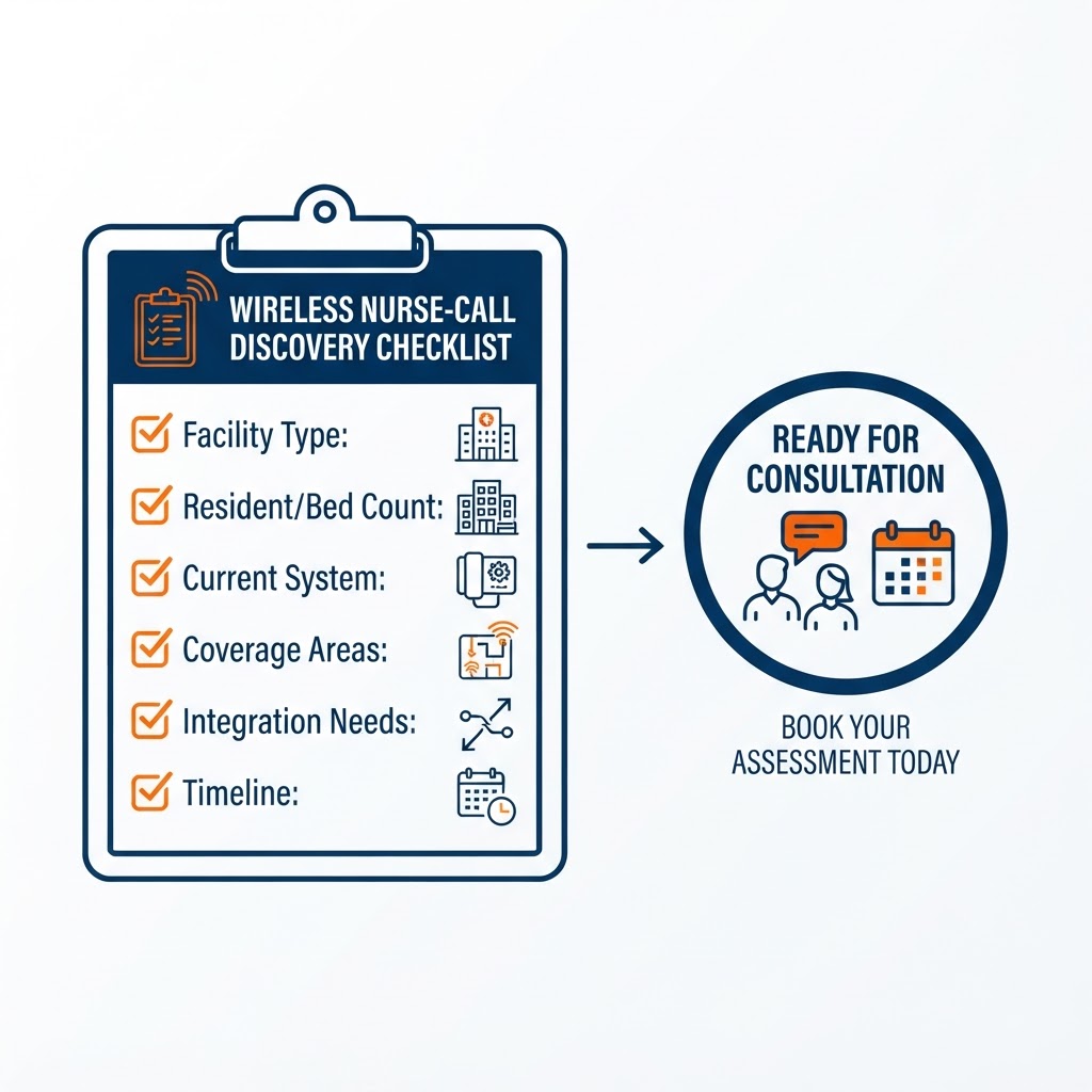 Wireless nurse-call discovery checklist showing a clipboard listing neutral discovery items — facility type, resident or bed count, current system, coverage areas, integration needs, and timeline — with checkmark bullets and an arrow to a ready-for-consultation node