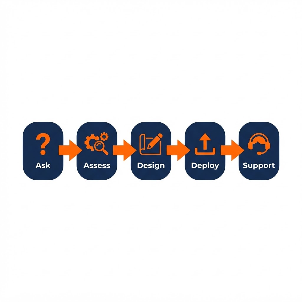 Answer pathway showing five connected stages left to right — Ask, Assess, Design, Deploy, and Support — illustrating how a question turns into a delivered and supported solution