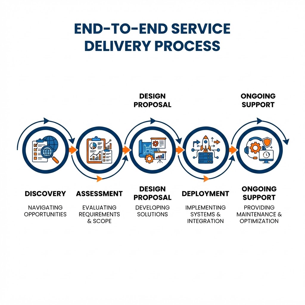 Nexus discovery-to-support process illustration showing a step timeline: Discovery, Assessment, Design Proposal, Deployment, and Ongoing Support