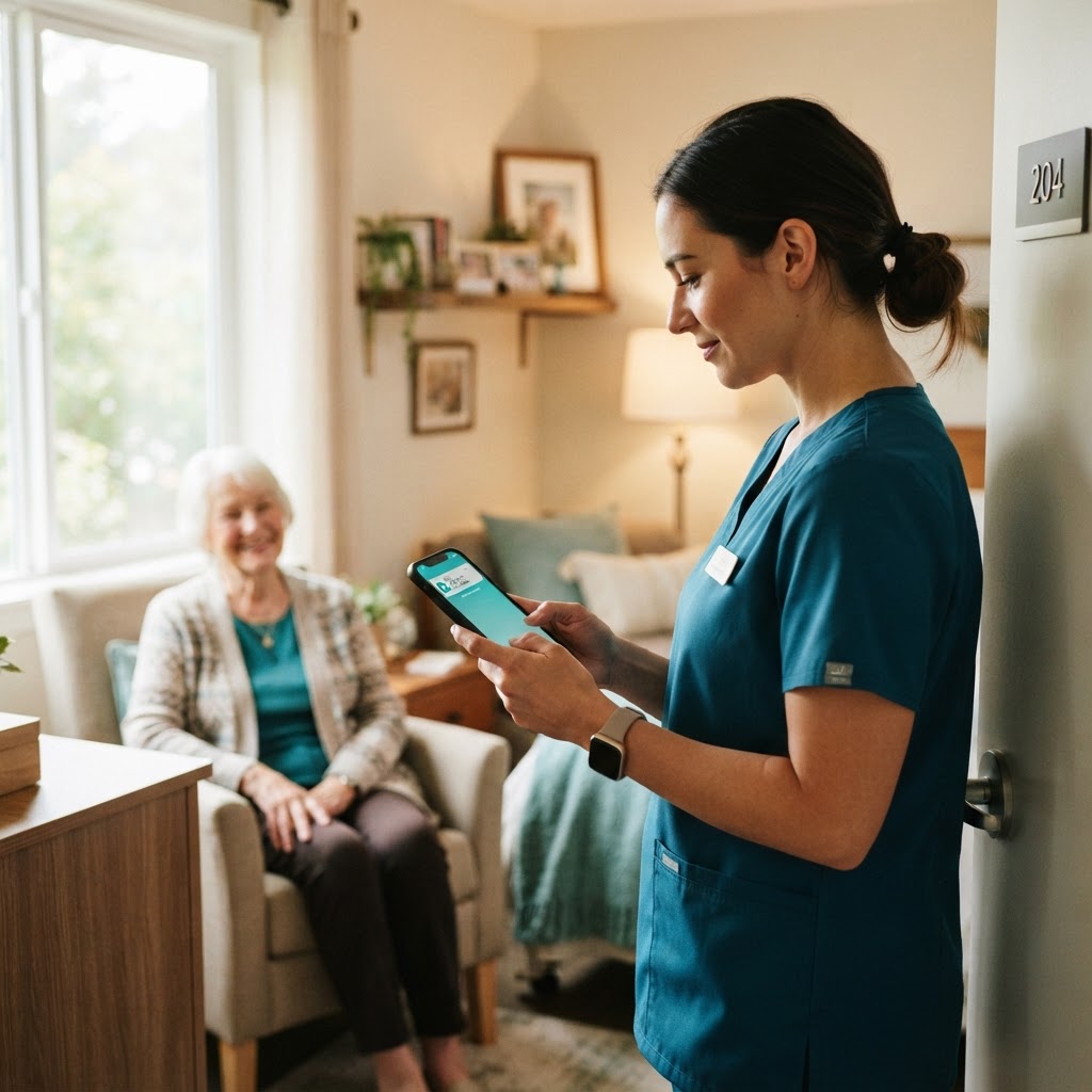 Senior living caregiver responding to an RCare Mobile resident call alert on a smartphone