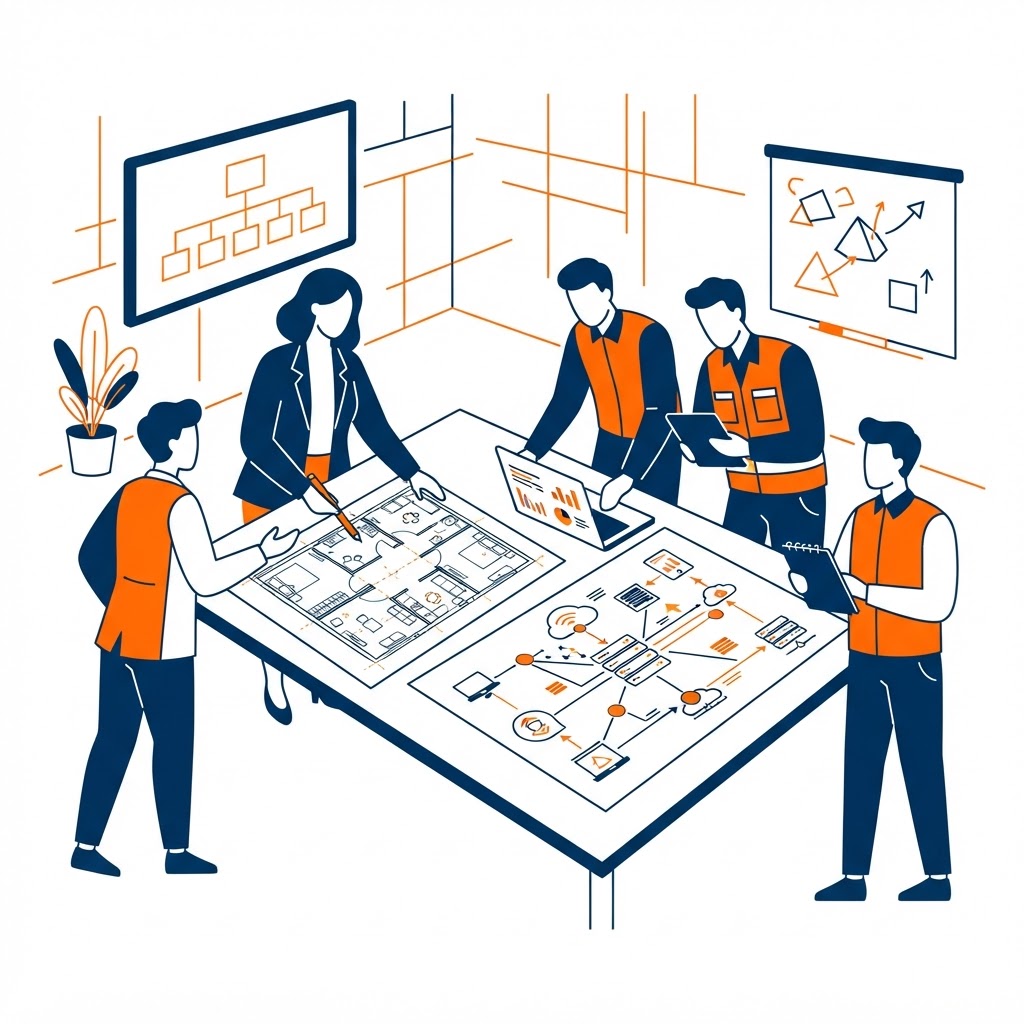 Multidisciplinary team collaboration scene showing abstract, faceless figures — engineers, project managers, and technicians — working together around a table with a floor plan, a laptop, and a network diagram, with no photorealistic portraits