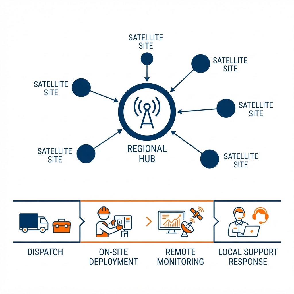 Service delivery workflow for Oak Brook, connecting the Schaumburg office with on-site deployment and remote support