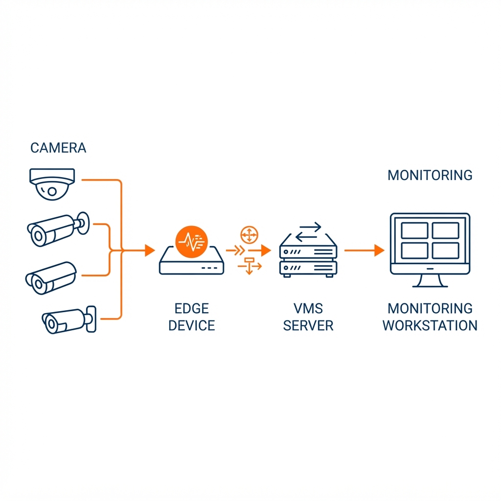 IP video monitoring architecture showing generic IP cameras feeding an edge device with analytics, into a video management system server, then to a monitoring workstation, connected left to right with clean lines and no copied software interface