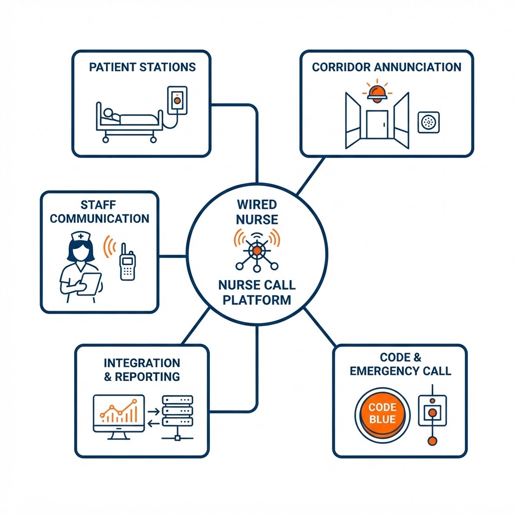 Wired nurse-call product capability map with a central platform node branching to generic capability categories — patient stations, corridor annunciation, staff communication, integration and reporting, and code or emergency call — each shown as a neutral tile with a simple line icon, and no dates or certification badges