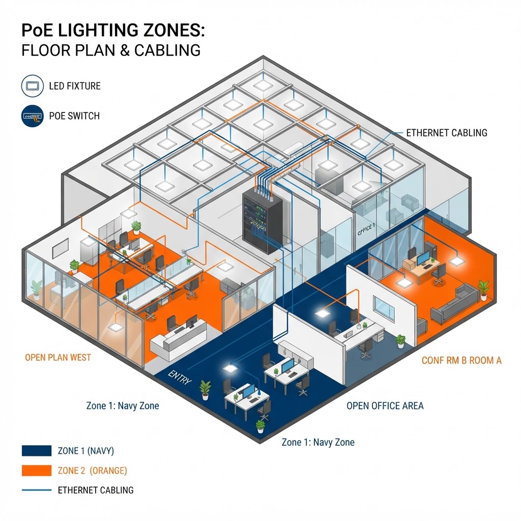 PoE lighting zones illustration showing an office floor plan with ceiling LED fixtures powered over ethernet from a central switch, color-coded into controllable lighting zones