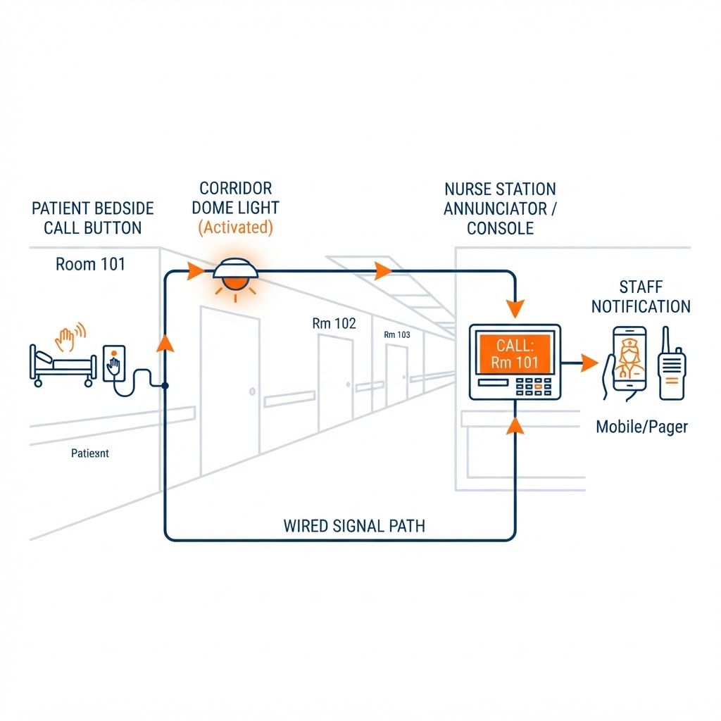 Wired nurse call signal path graphic showing a patient bedside call button to a corridor dome light to a nurse station annunciator and staff notification through a hospital corridor
