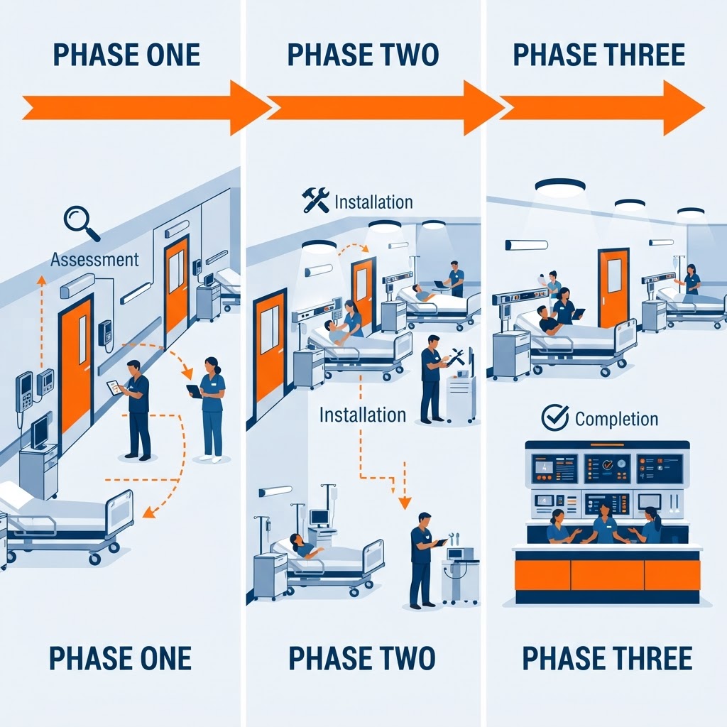 Phased wired nurse-call modernization diagram showing a hospital wing across three sequential phases — assessing older nurse call equipment, partial replacement with new bedside stations and corridor dome lights while the wing stays operational, and a fully modernized wired nurse-call system at the nurse station
