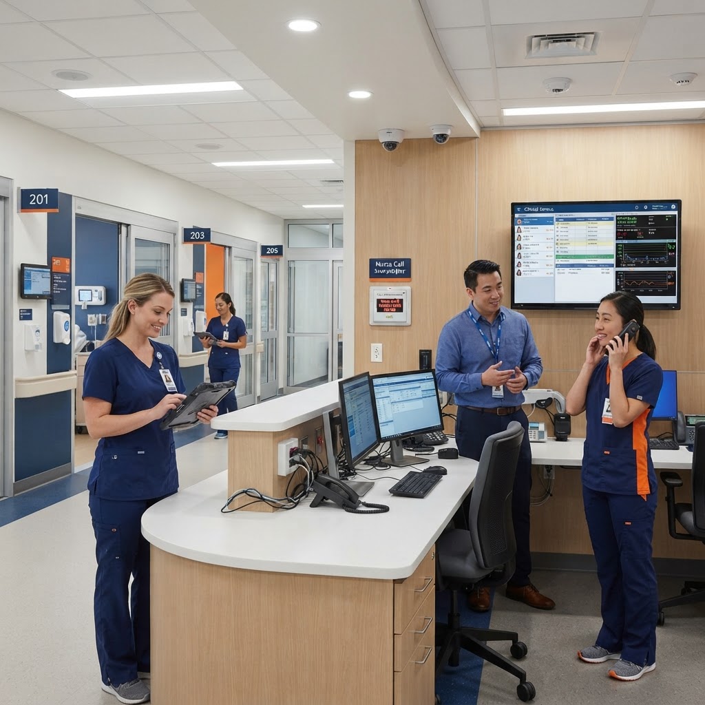 Integrated clinical-technology hospital environment showing a nurse station with wall-mounted displays, nurse call annunciator, IP cameras, Wi-Fi access points, and staff using tablets