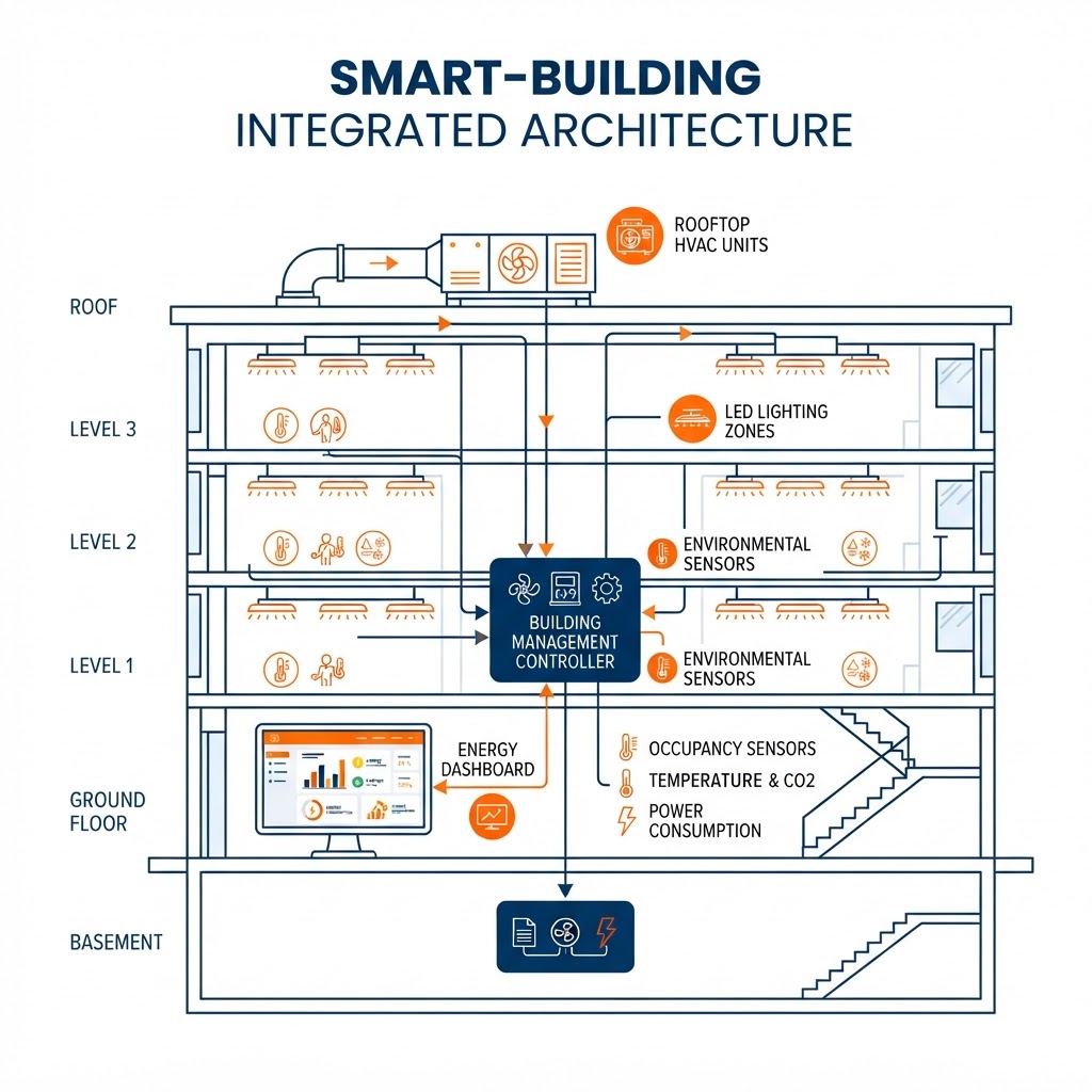 Integrated smart-building architecture diagram showing HVAC rooftop units, LED lighting zones, environmental sensors, and an energy dashboard all connected to a single central building-management controller that unifies HVAC, lighting, and energy management